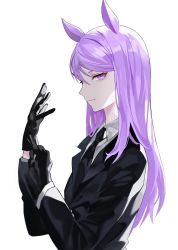Rule 34 | 1girl, alternate costume, animal ears, bad id, bad twitter id, black gloves, black jacket, black necktie, closed mouth, collared jacket, collared shirt, commentary request, from side, gloves, grey shirt, hair between eyes, hair ears, hands up, highres, jacket, korean commentary, long hair, long sleeves, looking at viewer, mejiro mcqueen (umamusume), necktie, open clothes, open jacket, purple eyes, purple hair, reki (user rcrd4534), shirt, simple background, solo, standing, umamusume, white background