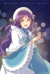 Rule 34 | 1girl, aqua eyes, ebbilin, long hair, looking at viewer, love live!, love live! school idol festival, love live! school idol project, merry christmas, open mouth, purple hair, smile, solo, star (symbol), starry background, tojo nozomi
