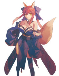 Rule 34 | 1girl, :3, animal ear fluff, animal ears, bad id, bad pixiv id, bare shoulders, blue kimono, blue thighhighs, breasts, cleavage, collarbone, commentary, commentary request, detached sleeves, fate/extella, fate/extra, fate/extra ccc, fate/grand order, fate (series), fox ears, fox girl, fox tail, highres, iwasinogomaae, japanese clothes, kimono, large breasts, looking at viewer, pink hair, simple background, tail, tamamo (fate), tamamo no mae (fate/extra), thighhighs, white background, yellow eyes