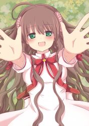 Rule 34 | 1girl, :d, ahoge, blush, braid, brown hair, canaca chiyuri, commentary request, cowboy shot, crown, day, dress, eyes visible through hair, flower, foreshortening, grass, green eyes, hair between eyes, hair flower, hair ornament, hair spread out, happy, highres, incoming hug, kanbe kotori, kazamatsuri institute high school uniform, long hair, looking at viewer, lying, mini crown, neck ribbon, on back, on ground, open hands, open mouth, outdoors, outstretched arms, pink flower, puffy short sleeves, puffy sleeves, reaching, reaching towards viewer, red ribbon, rewrite, ribbon, school uniform, short sleeves, sidelocks, smile, solo, straight-on, tareme, twin braids, very long hair, wavy hair, white dress