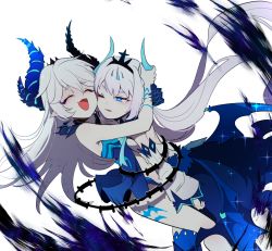 Rule 34 | 2girls, bad id, bad pixiv id, bags under eyes, bare shoulders, blue eyes, blush, blush stickers, body markings, clothing cutout, demon tail, demon wings, detached sleeves, diabla (elsword), elsword, closed eyes, fang, fang out, hug, korean text, long hair, luciela r. sourcream, mellchi, multiple girls, multiple persona, navel, navel cutout, noblesse (elsword), one eye closed, pointy ears, ribbon, symbol-shaped pupils, tail, thighhighs, tiara, wings