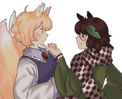 Rule 34 | 2girls, animal ears, blonde hair, blush, brown hair, commentary, daitoko, english commentary, hand on another&#039;s chin, fox ears, fox tail, from side, futatsuiwa mamizou, grin, hair ornament, highres, leaf hair ornament, long sleeves, multiple girls, multiple tails, profile, raccoon ears, smile, tail, touhou, upper body, white background, wide sleeves, yakumo ran, yuri