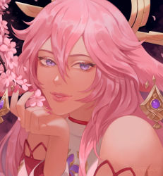 Rule 34 | 1girl, absurdres, animal ears, bare shoulders, cascanor (artist), cherry blossoms, commentary, english commentary, eyelashes, fingernails, fox ears, genshin impact, hair between eyes, hair ornament, hand on own chin, head rest, highres, lips, lipstick, long fingernails, long hair, looking at viewer, makeup, nail polish, parted lips, pink hair, pink lips, pink nails, portrait, purple eyes, smile, solo, vision (genshin impact), watermark, yae miko
