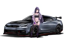 Rule 34 | 1girl, black camisole, black choker, black hair, black thighhighs, breasts, camisole, car, choker, cleavage, commission, crop top, gloves, grey jacket, hand on own hip, hand on own thigh, high heels, highres, jacket, long hair, medium breasts, motor vehicle, navel, nissan, nissan gt-r, nougat (73r1r1), original, purple footwear, purple gloves, red eyes, shadow, simple background, solo, spoiler (automobile), sports car, thighhighs, vehicle focus, very long hair, white background