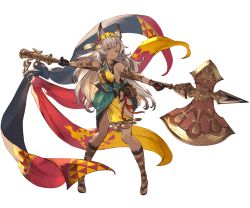 Rule 34 | 10s, 1girl, animal ears, aqua eyes, axe, bag, bare shoulders, dark skin, dark-skinned female, erune, feathers, flower, full body, gloves, granblue fantasy, grey hair, hair ornament, holding, holding weapon, huge weapon, long hair, looking at viewer, minaba hideo, nemone, official art, pelvic curtain, sandals, smile, solo, thighhighs, transparent background, weapon, white background
