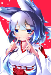 Rule 34 | 1girl, animal ears, blue eyes, blue hair, blunt bangs, collarbone, endless1192, eyes visible through hair, fingers to mouth, fox ears, fox girl, hair over shoulder, hands up, highres, japanese clothes, kimono, long hair, long sleeves, looking at viewer, medium hair, original, red background, simple background, smile, solo, upper body, white background, white kimono, wide sleeves