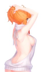 Rule 34 | 1girl, ahoge, arms up, artist name, back, backless dress, backless outfit, bad id, bad pixiv id, bare arms, bare back, bare shoulders, breasts, brown eyes, bunching hair, butt crack, covered mouth, cowboy shot, dress, eyelashes, from behind, halterneck, highres, long hair, medium breasts, meme attire, naked sweater, narynn, narynn (character), orange hair, original, ponytail, profile, ribbed sweater, shiny skin, sideboob, sidelocks, simple background, solo, sweater, sweater dress, turtleneck, turtleneck sweater, virgin killer sweater, white background, white sweater