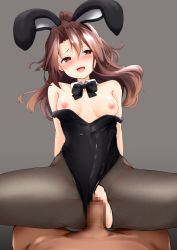 Rule 34 | 1boy, 1girl, animal ears, bad id, bad pixiv id, bare shoulders, black leotard, black neckwear, blush, bow, bowtie, breasts, brown eyes, brown hair, censored, clothed sex, commentary request, cowgirl position, detached collar, fake animal ears, girl on top, happy sex, heart, heart-shaped pupils, hetero, highres, kantai collection, leotard, long hair, medium breasts, mosaic censoring, nipples, open mouth, pantyhose, penis, playboy bunny, pussy, rabbit ears, sex, solo focus, straddling, strapless, strapless leotard, symbol-shaped pupils, tongue, tongue out, torn clothes, torn legwear, torogao, vaginal, wrist cuffs, zarashi, zuihou (kancolle)
