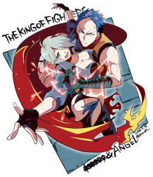 Rule 34 | 1boy, 1girl, angel (kof), ass, bandaged arm, bandages, black panties, blue hair, breasts, cape, censored text, character name, chimaki (impressiveanarchy), copyright name, cropped jacket, dated, fingerless gloves, frown, gloves, hair over one eye, k9999, large breasts, panties, short hair, the king of fighters, torn cape, torn clothes, underwear, white hair