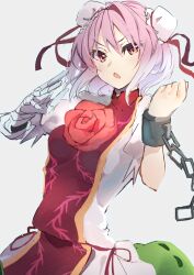 Rule 34 | 1girl, bandaged arm, bandages, bun cover, chain, chinese clothes, clenched hand, cuffs, double bun, false arm, false limb, fighting stance, flower, hair bun, highres, ibaraki kasen, open mouth, pink flower, pink hair, pink rose, red eyes, red flower, red ribbon, red rose, ribbon, rose, shackles, short hair, short sleeves, simple background, solo, tabard, touhou, tsushi