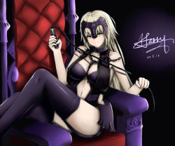 Rule 34 | 1girl, artist name, black thighhighs, blonde hair, breasts, chain, cleavage, clothing cutout, dated, fate/grand order, fate (series), huge breasts, jeanne d&#039;arc (fate), jeanne d&#039;arc alter (avenger) (fate), jeanne d&#039;arc alter (avenger) (third ascension) (fate), jeanne d&#039;arc alter (fate), looking at viewer, navel, navel cutout, smile, solo, thighhighs, thighs, those girls, throne, yellow eyes
