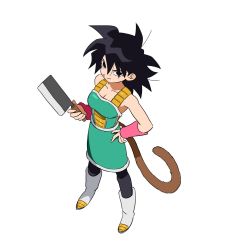 Rule 34 | 1girl, ankle boots, armor, bare arms, black eyes, black hair, black pantyhose, boots, breastplate, breasts, butcher knife, closed mouth, collarbone, dragon ball, dragon ball minus, dragon ball super, dragon ball super broly, from above, full body, gine, green skirt, hair strand, hand on own hip, hand up, highres, holding, holding knife, knife, lado (rado), legs apart, looking at viewer, looking up, medium breasts, medium hair, messy hair, monkey tail, pantyhose, pink wristband, simple background, skirt, smile, solo, standing, tail, tsurime, white background, white footwear, wristband