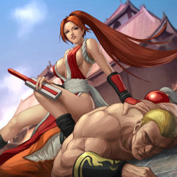 Rule 34 | 1boy, 1girl, battle, breasts, fatal fury, geese howard, gloves, long hair, lowres, pelvic curtain, revealing clothes, shiranui mai, snk, the king of fighters