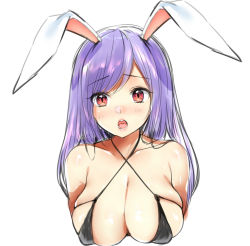 Rule 34 | 1girl, animal ears, bad id, bad pixiv id, bare shoulders, bikini, black bikini, blush, breasts, cleavage, collarbone, commentary request, covered erect nipples, criss-cross halter, halterneck, highres, large breasts, long hair, nose blush, purple hair, rabbit ears, raised eyebrows, red eyes, reisen udongein inaba, shiny skin, simple background, sketch, skindentation, solo, swept bangs, swimsuit, touhou, tsukiriran, white background
