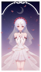 Rule 34 | 1girl, bare shoulders, bridal veil, bride, chinese commentary, closed mouth, commentary request, cross, dress, elbow gloves, flower, gloves, hair between eyes, hair flower, hair ornament, highres, honkai (series), honkai impact 3rd, looking at viewer, moon, night, night sky, own hands together, petals, red eyes, red flower, red rose, rose, shuo zhi zhi hu, sky, smile, solo, star (sky), theresa apocalypse, theresa apocalypse (luna kindred), veil, wedding dress, white dress, white gloves, white hair