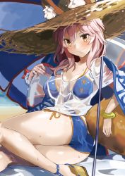 Rule 34 | 1girl, animal ears, ass, bikini, blue bikini, blush, breasts, cleavage, fate/grand order, fate (series), fox ears, fox tail, hat, highres, large breasts, long hair, looking at viewer, nail polish, pink hair, red nails, sandals, see-through, solo, swimsuit, tail, tamamo (fate), tamamo no mae (fate/extra), tamamo no mae (swimsuit lancer) (fate), torimahera, wet, wet clothes, yellow eyes