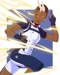 Rule 34 | 1girl, absurdres, artist request, blonde hair, blue pants, blue shirt, breasts, brown hair, closed mouth, dark-skinned female, dark skin, electricity, energy, facing viewer, female focus, fingerless gloves, gloves, hands up, happy, harriet bree, highres, leg lift, leg up, lightning, looking to the side, medium breasts, mohawk, multicolored clothes, multicolored hair, multicolored shirt, pants, pink eyes, running, rwby, shaved head, shirt, short hair, short sleeves, shorts, smile, solo, uniform, white shirt, white shorts
