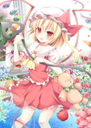 Rule 34 | 1girl, aibumi, apple, ascot, bad id, bad pixiv id, blonde hair, blush, bow, cup, flandre scarlet, flower, food, fruit, hat, hat bow, highres, laevatein, long hair, looking at viewer, pen-zin, red eyes, side ponytail, skirt, skirt set, smile, solo, stuffed animal, stuffed toy, teacup, teapot, teddy bear, touhou, wings