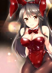 Rule 34 | 1girl, animal ears, bare shoulders, black hair, bow, bowtie, breasts, brown eyes, brown pantyhose, cleavage, collarbone, covered navel, cowboy shot, detached collar, fake animal ears, fishnet pantyhose, fishnets, hair between eyes, hair ornament, hairclip, haruna (kancolle), highres, indoors, kantai collection, kumichou (nakasato-gumi), leaning forward, leotard, light particles, long hair, medium breasts, pantyhose, playboy bunny, rabbit ears, rabbit tail, red bow, red bowtie, red leotard, red ribbon, ribbon, solo, strapless, strapless leotard, tail, wrist cuffs