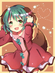 Rule 34 | 1girl, animal ears, bad id, bad pixiv id, blush, border, dress, fang, green eyes, green hair, hands in hair, heart, heart of string, kasodani kyouko, leaning forward, light particles, long sleeves, matching hair/eyes, open mouth, outline, red background, short hair, solo, tail, touhou, uguisu mochi (ykss35)