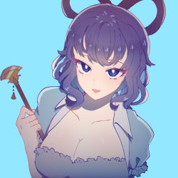Rule 34 | 1girl, blue background, blue dress, blue eyes, blue hair, blush, breasts, cleavage, collarbone, colored eyelashes, dress, drill hair, drill sidelocks, hair ornament, hair rings, hair stick, highres, holding, holding hair ornament, kaku seiga, large breasts, looking at viewer, open mouth, short sleeves, sidelocks, simple background, sokura (mochichitose), solo, touhou, wavy hair