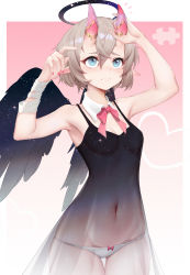 Rule 34 | 1girl, absurdres, armpits, arms up, bandages, bare arms, bare shoulders, black dress, blue eyes, breasts, cowboy shot, detached collar, dress, groin, hair between eyes, halo, highres, horns, navel, neck ribbon, original, panties, pink ribbon, pointy ears, ribbon, saw272, see-through, short hair, silver hair, small breasts, solo, spaghetti strap, standing, stomach, underwear, white panties, wings