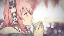Rule 34 | 1girl, artist request, blurry, blush, bokeh, cup, depth of field, eyebrows, from side, fur trim, headphones, holding, holding cup, hood, hood down, hooded jacket, jacket, long hair, looking up, nitroplus, parted lips, pink hair, profile, purple eyes, solo, source request, super sonico, winter