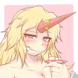 Rule 34 | 1girl, blonde hair, blush, breasts, cleavage, collarbone, cube85, cup, grin, horns, hoshiguma yuugi, large breasts, looking at viewer, nude, out-of-frame censoring, red eyes, sakazuki, single horn, smile, solo, star (symbol), touhou, upper body