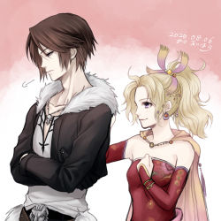 Rule 34 | 1boy, 1girl, bare shoulders, black jacket, black pants, blonde hair, breasts, brown hair, cape, chain necklace, cropped jacket, crossed arms, dated, detached sleeves, dress, earrings, facing to the side, final fantasy, final fantasy vi, final fantasy viii, fur collar, hair ornament, hair ribbon, half-closed eyes, hand on another&#039;s back, hand on own chest, hiryuu (kana h), jacket, jewelry, long hair, long sleeves, medium breasts, necklace, pants, parted bangs, pink background, ponytail, purple eyes, red dress, ribbon, scar, scar on face, shirt, short hair, single earring, smile, squall leonhart, tina branford, two-tone background, upper body, wavy hair, white background, white shirt