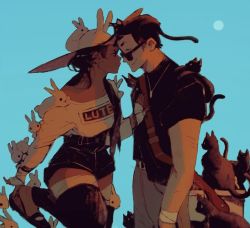 Rule 34 | 1boy, androgynous, animal hat, bag, black cat, black hair, blue sky, cat, couple, dark skin, eye contact, fernanda dias, hair over shoulder, hat, high-waist shorts, high heels, interracial, long hair, looking at another, male focus, multiple boys, original, pumps, rabbit, rabbit hat, shorts, sky, smile, sun hat, thighhighs, tomboy, too many, too many cats, too many rabbits, zettai ryouiki