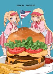 2girls absurdres american_flag apron blonde_hair blue_background blue_eyes brooklyn_(kancolle) burger drill_hair food hat highres honolulu_(kancolle) kantai_collection looking_at_viewer multiple_girls pink_shirt red_eyes red_hat shamomo shirt skirt smile striped_clothes striped_skirt tagme white_apron