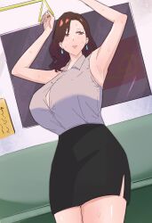 Rule 34 | 1girl, absurdres, armpits, arms up, breasts, brown eyes, brown hair, bursting breasts, collared shirt, commentary, earrings, english commentary, eyelashes, handle, highres, hot, huge breasts, jewelry, lips, looking to the side, mature female, milfmatty, office lady, original, pencil skirt, shirt, skirt, sleeveless, solo, sweat, thighs, train, train interior