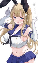 Rule 34 | 1girl, absurdres, black hairband, black neckerchief, black panties, blonde hair, blue sailor collar, blue skirt, blush, breasts, calin, cosplay, cowboy shot, crop top, double bun, elbow gloves, fletcher (kancolle), gloves, hair bun, hair ornament, hairband, highleg, highleg panties, highres, kantai collection, large breasts, long hair, looking at viewer, microskirt, navel, neckerchief, open mouth, panties, purple eyes, sailor collar, shimakaze (kancolle), shimakaze (kancolle) (cosplay), skirt, solo, star (symbol), star hair ornament, striped clothes, striped thighhighs, thighhighs, underwear, white background, white gloves