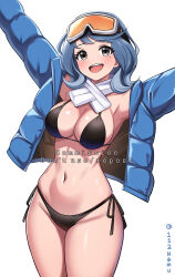 Rule 34 | 1girl, arms up, bikini, black eyes, black jacket, blue archive, blue hair, blue jacket, breasts, cleavage, coat, commission, cosplay, eimi (blue archive), eimi (blue archive) (cosplay), eimi (swimsuit) (blue archive), goggles, goggles on head, highres, jacket, large breasts, medium hair, namu (112namu), original, outstretched arms, pixiv commission, scarf, side-tie bikini bottom, simple background, ski goggles, solo, swimsuit, twitter username, white background, white scarf, winter clothes, winter coat