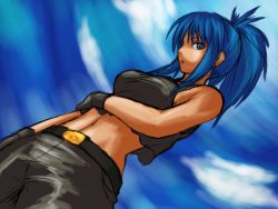 Rule 34 | 1girl, blue eyes, blue hair, breasts, cloud, female focus, gloves, leona heidern, navel, outdoors, ponytail, sky, snk, solo, standing, tank top, the king of fighters