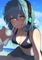 Rule 34 | 1girl, 1other, absurdres, ambiguous gender, antonina (neural cloud), beach, bikini, bird, black bikini, blue sky, breasts, cleavage, cup, drinking straw, drinking straw in mouth, girls&#039; frontline, girls&#039; frontline neural cloud, green hair, hand on another&#039;s hand, headphones, highres, holding, holding cup, looking at viewer, messy hair, ocean, professor (neural cloud), ryunosuke nikaido, sarong, seagull, see-through sarong, sitting, sky, small breasts, solo focus, sweat, swimsuit, yellow eyes