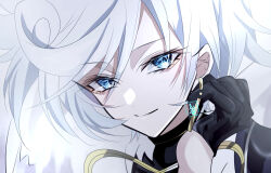 Rule 34 | 1boy, absurdres, black gloves, black shirt, blue eyes, cielomort (fragaria memories), closed mouth, earrings, eyelashes, fragaria memories, gloves, gold earrings, highres, jacket, jewelry, looking at viewer, male focus, rui chaba, shirt, short hair, signature, smile, solo, turtleneck, white hair, white jacket