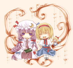 Rule 34 | 2girls, :d, alice margatroid, blonde hair, blush, book, chibi, doll, female focus, full body, grimoire, hat, heart, holding, holding book, long hair, looking at viewer, mob cap, multiple girls, open mouth, patchouli knowledge, purple eyes, purple hair, shanghai doll, shiratama (mofutto), short hair, size difference, smile, touhou, very long hair, yuru