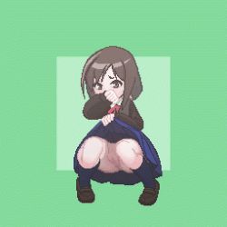 Rule 34 | 1girl, animated, animated gif, blue socks, blush, bottomless, brown eyes, brown hair, clothes lift, covering own mouth, female focus, hand to own mouth, kneehighs, lifted by self, mary janes, no panties, ootane, original, pee, peeing, pleated skirt, pussy, school uniform, shoes, skirt, skirt lift, socks, solo, squatting, stream, tearing up, uncensored, water drop