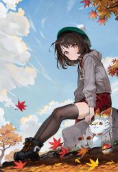 Rule 34 | 1girl, autumn leaves, black footwear, black thighhighs, blue sky, bob cut, brown hair, cable knit, cardigan, closed mouth, cloud, commentary, creatures (company), dress, falling leaves, game freak, gen 8 pokemon, gloria (pokemon), green headwear, grey cardigan, hat, highres, hood, hood down, hooded cardigan, leaf, looking at viewer, nintendo, outdoors, poke ball, pokemon, pokemon (creature), pokemon swsh, red dress, rock, scorbunny, short dress, short hair, sitting, sitting on rock, sky, smile, tam o&#039; shanter, thighhighs, tree, wangyq