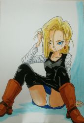 Rule 34 | 1girl, absurdres, android, android 18, arm support, ashigaki radar, black pantyhose, black shirt, blonde hair, blue background, blue eyes, blue skirt, boots, breasts, brown footwear, clothes lift, clothes pull, collarbone, denim, denim skirt, dragon ball, dragonball z, earrings, eyes visible through hair, hand on own head, highres, jewelry, long sleeves, looking at viewer, medium breasts, one eye closed, panties, pantyhose, pantyhose pull, pantyshot, robot, shirt, short hair, sitting, skirt, skirt lift, sweatdrop, two-tone background, underwear, white background, white panties