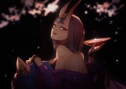 Rule 34 | 1girl, back, black background, blunt bangs, commentary request, cup, fang, fate/grand order, fate (series), head tilt, horns, japanese clothes, kimono, looking back, no-kan, off shoulder, purple hair, sakazuki, shuten douji (fate), skin-covered horns, smile