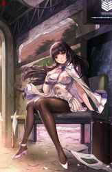 Rule 34 | 1girl, ankle ribbon, artist logo, between breasts, black hair, blunt bangs, box (hotpppink), breasts, brown pantyhose, cable, chair, cloak, closed mouth, cloud, commentary request, dress, evening, fingerless gloves, floating hair, full body, girls&#039; frontline, gloves, hand on own chest, hand up, large breasts, leg ribbon, light, light particles, long hair, looking at viewer, motion blur, newspaper, orange sky, outdoors, pantyhose, pleated dress, ribbon, scenery, shiny clothes, shoes, short dress, sitting, sky, solo, star (symbol), suitcase, thighband pantyhose, tree, type 95 (girls&#039; frontline), very long hair, white cloak, white dress, white footwear, white gloves, white ribbon, wind, wing collar, yellow eyes