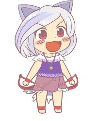 Rule 34 | 1girl, animal ears, anonymous (japanese), blush, brown skirt, dog ears, dog tail, bear trap, full body, grey hair, gyate gyate, jaggy lines, mitsugashira enoko, multiple tails, open mouth, purple shirt, red eyes, shirt, short hair, short sleeves, skirt, smile, solo, tail, touhou, transparent background, unfinished dream of all living ghost