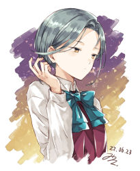 Rule 34 | 1girl, aqua bow, aqua bowtie, bow, bowtie, commentary request, dated, dress, forehead, grey hair, halterneck, kantai collection, miroku san-ju, one-hour drawing challenge, pleated dress, school uniform, shirt, short hair, signature, solo, swept bangs, tamanami (kancolle), upper body, white shirt, yellow eyes