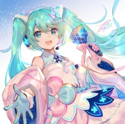 Rule 34 | 1girl, bare shoulders, bell, bow, countdown, detached sleeves, dress, dress bow, floral print, fur-trimmed dress, fur-trimmed sleeves, fur trim, fuzichoco, hair ornament, hairclip, hatsune miku, headphones, headset, highres, holding, holding bell, long hair, looking at viewer, magical mirai (vocaloid), magical mirai miku, magical mirai miku (2020 winter), open mouth, outstretched arm, signature, smile, solo, twintails, upper body, very long hair, vocaloid, white dress, wide sleeves