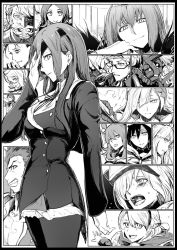 Rule 34 | 5boys, 6+girls, armor, blunt bangs, blush, breasts, brynhildr (fate), buttons, character request, clenched teeth, closed mouth, collarbone, collared shirt, commentary, eyepatch, facial hair, fate/grand order, fate/prototype, fate/prototype: fragments of blue and silver, fate (series), fur trim, glasses, glowing, glowing eye, goredolf musik, greyscale, grin, hair ornament, hair over one eye, hair over shoulder, hairband, half-closed eyes, head rest, hood, hoodie, jacket, kotomine kirei, koyanskaya (fate), koyanskaya (foreigner) (first ascension) (fate), leonardo da vinci (fate), long hair, long sideburns, long sleeves, looking at viewer, mash kyrielight, mask, monochrome, multiple boys, multiple girls, mustache, napoleon bonaparte (fate), neck ribbon, oni mask, open mouth, ophelia phamrsolone, pantyhose, parted bangs, ribbon, scathach (fate), shaded face, sherlock holmes (fate), shirt, short hair, sideburns, sigurd (fate), smile, smoke, sweat, syatey, teeth, valkyrie (fate), visor