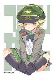 Rule 34 | 1girl, black bow, black footwear, black neckwear, blonde hair, blouse, boots, bow, brown eyes, brown jacket, closed mouth, commentary, erwin (girls und panzer), full body, girls und panzer, green hat, green skirt, half-closed eyes, hat, highres, jacket, light blush, long sleeves, looking at viewer, military hat, military jacket, miniskirt, namatyoco, ooarai school uniform, open clothes, open jacket, peaked cap, pleated skirt, pointy hair, sailor collar, school uniform, shirt, short hair, sitting, skirt, smile, solo, twitter username, v arms, white sailor collar, white shirt