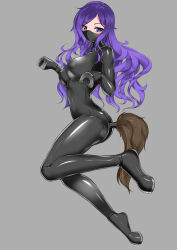 Rule 34 | 1girl, black bodysuit, bodysuit, bondage mittens, breasts, catstudioinc (punepuni), commentary, commission, english commentary, fake tail, full body, grey background, hoof gloves, hoof shoes, large breasts, latex, latex bodysuit, long hair, looking at viewer, mask, original, pony play, purple eyes, purple hair, shiny clothes, skin tight, solo, tail