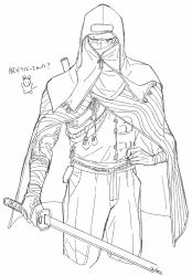 Rule 34 | 1boy, animal, bandages, cloak, covered mouth, greyscale, highres, holding, holding sword, holding weapon, lfoudon, lone shadow ninja, male focus, monochrome, mouse (animal), ninja, pouch, ribbon, rope, scabbard, sekiro: shadows die twice, sheath, signature, simple background, sketch, solo, sword, vambraces, weapon, white background